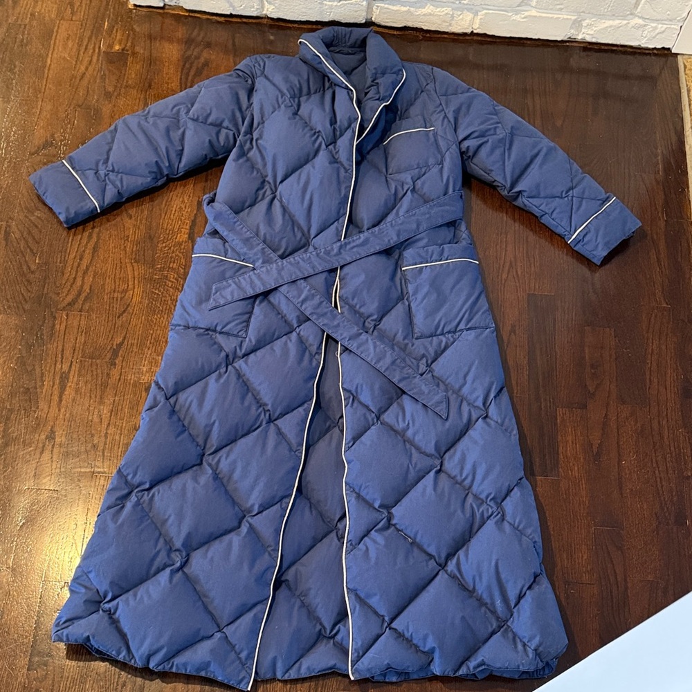 Eddie Bauer Navy Goose Down Quilted Robe Vintage EUC